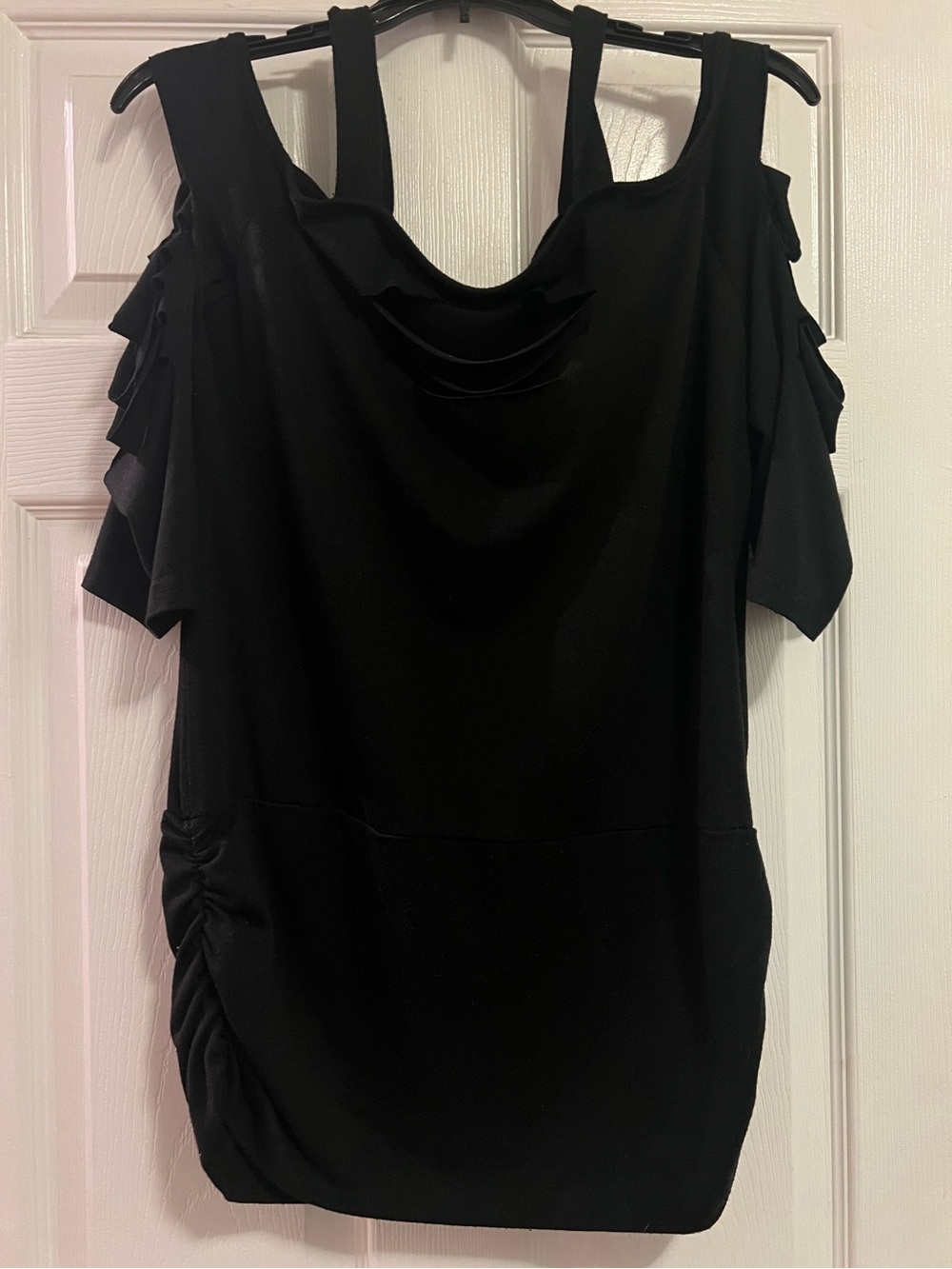 Black Cold-Shoulder Top with Distressed Cutouts On Chest & Arms- Size Medium - Picture 4 of 13